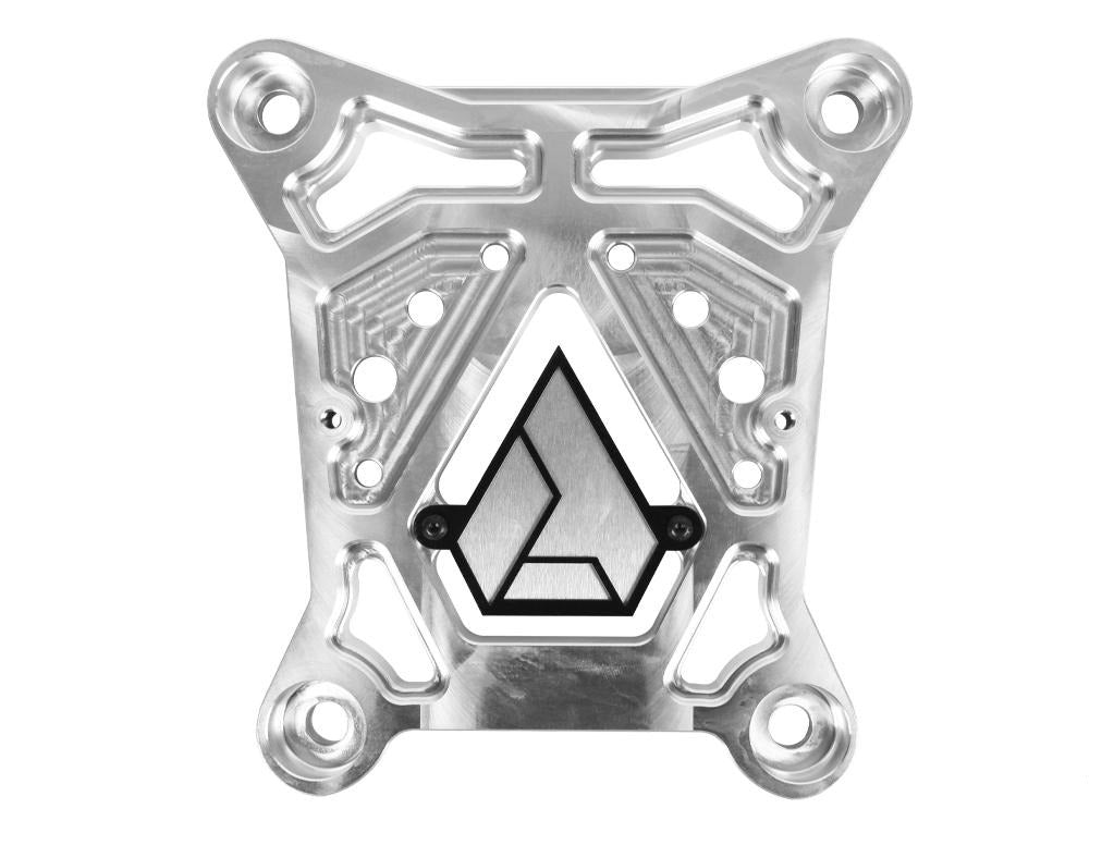 Assault Industries Stinger Billet Radius Rod Reinforcement Plate with etched lines and triangular Assault logo, designed for enhanced strength and styling of Polaris RZR Pro XP.