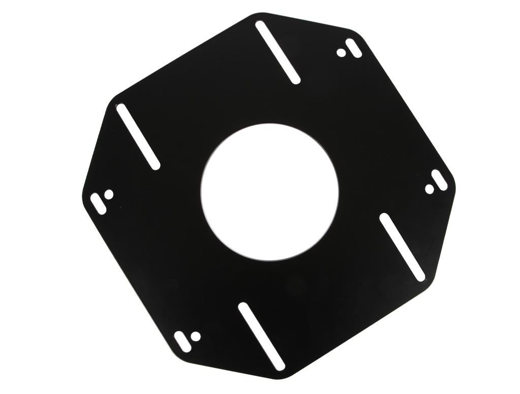 Black hexagonal seat conversion bracket with central circular cut-out and multiple slots for attachment, designed for repurposing Polaris RZR OEM seats.