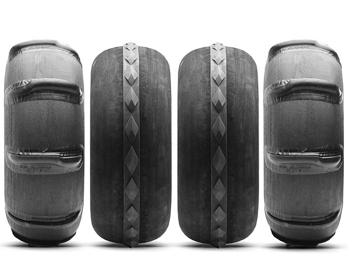 sandcraft destroyer slider paddle tire set with mohawk fronts lined up side by side with fronts in the center 