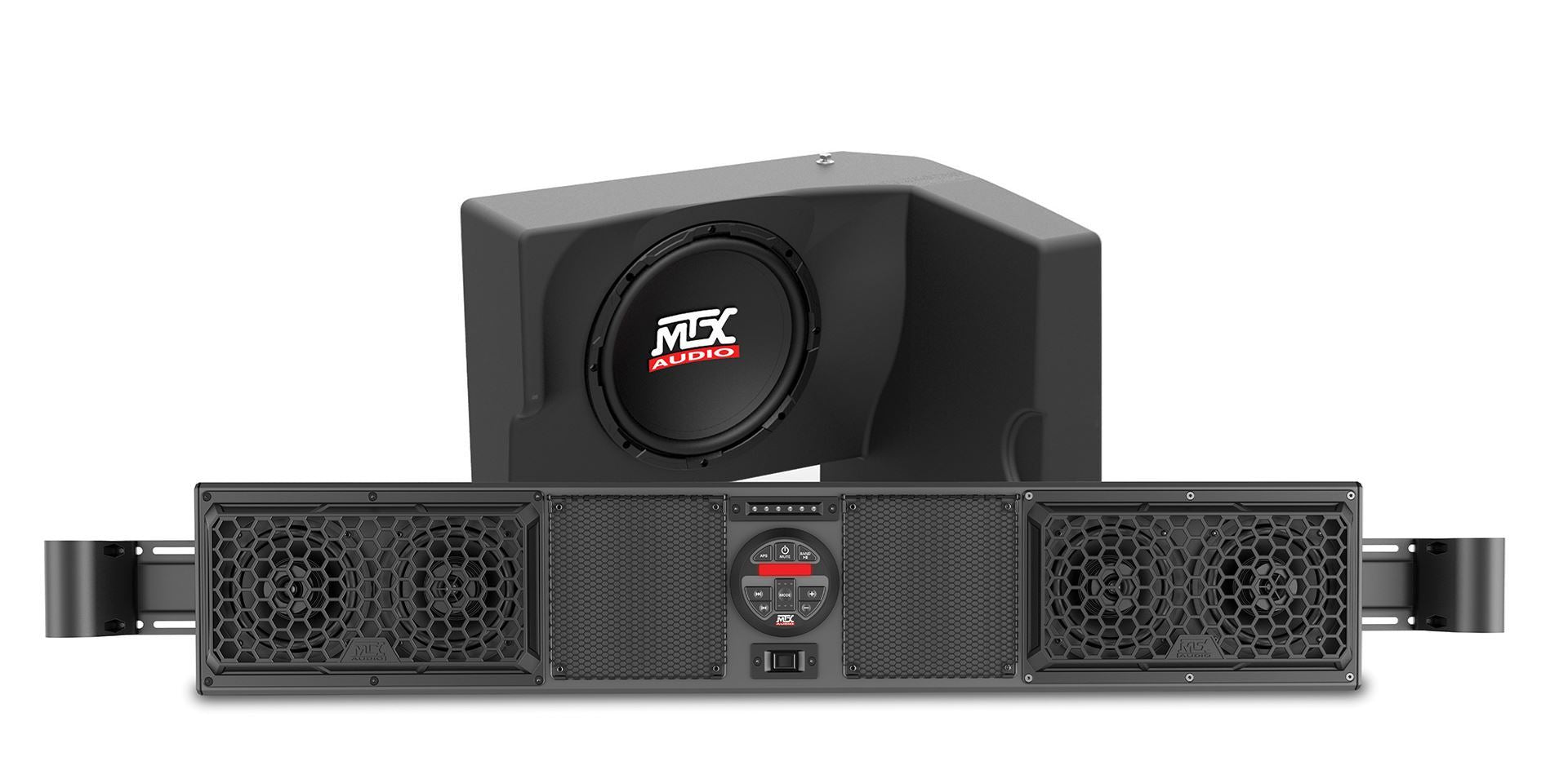 mtx ranger stereo kit with sound bar and subwoofer on white background