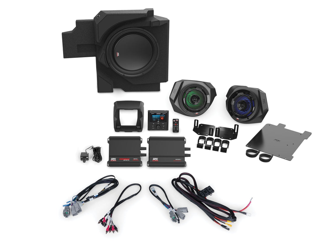 mtx complete three speaker stereo system for canam x3 laid out on white background