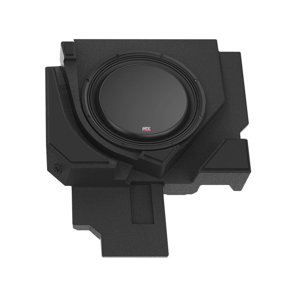 mtx sub box with subwoofer installed for canam x3 on white background