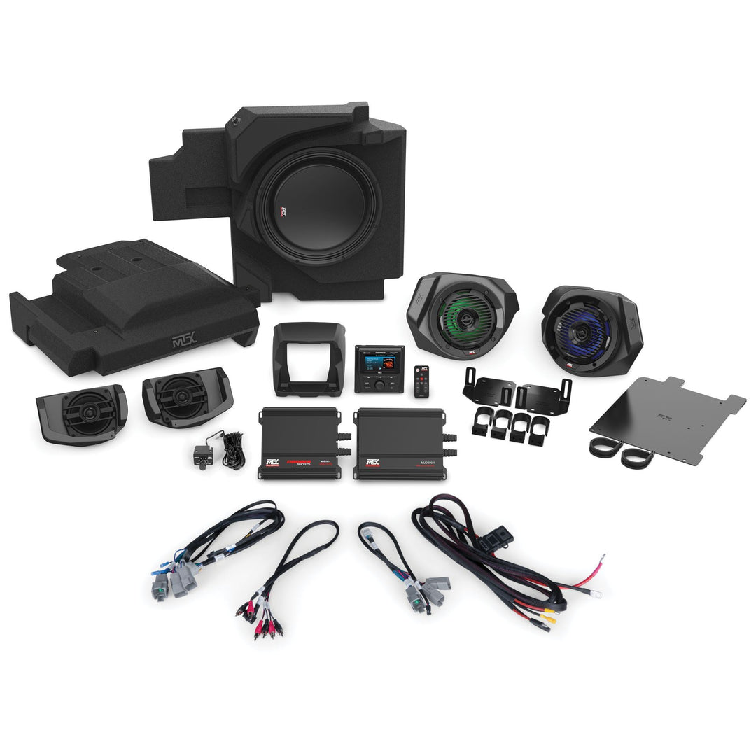 mtx 6 speaker stereo kit with 2 subwoofers for canam x3 laid out on white background
