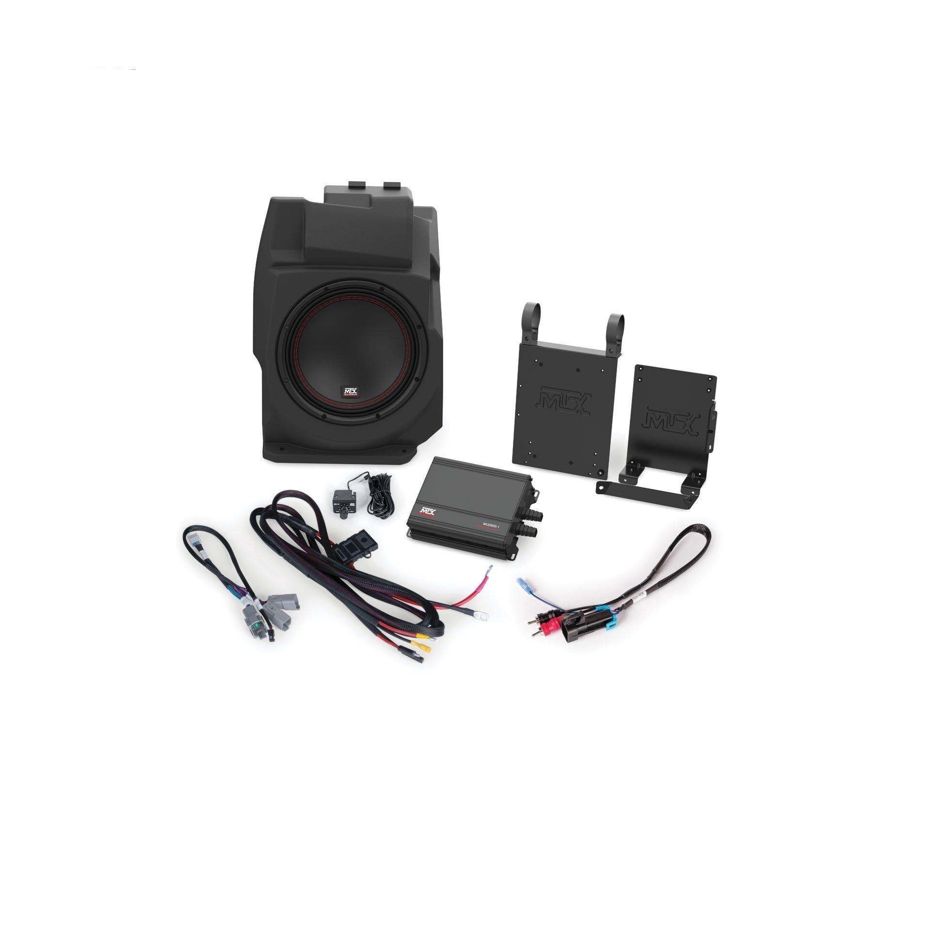 mtx subwoofer with enclosure and amp kit to add on to factory stereo in pro xp, pro r, turbo r on white background 