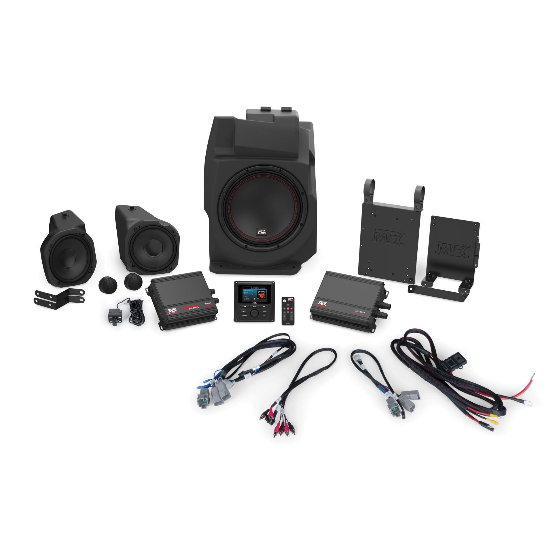 mtx 3 speaker stereo kit with all components layed out on white background