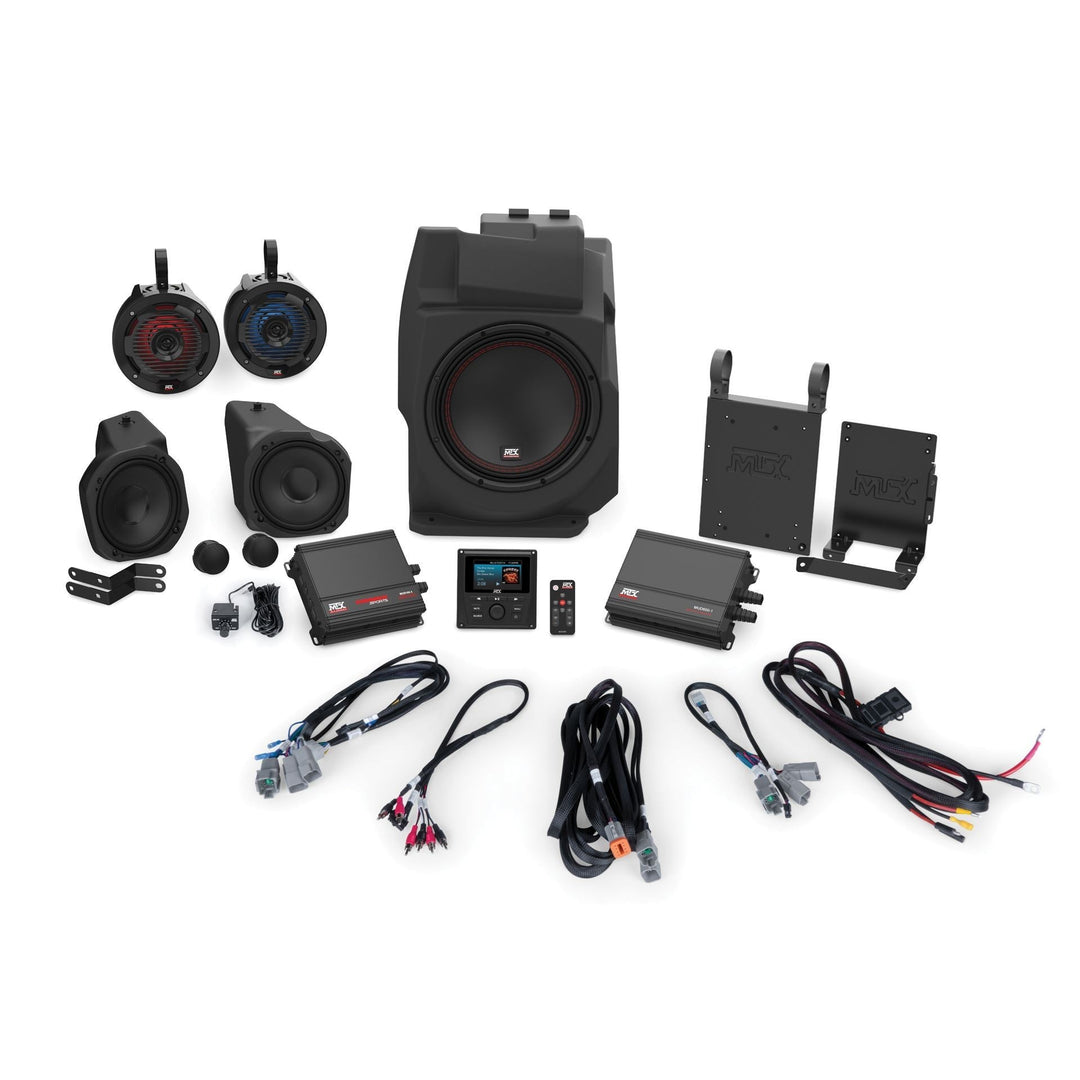 mtx 5 speaker stereo system with subwoofer, amps, pods, harnesses and brackets for pro xp pro r turbo r all laid out on white background 