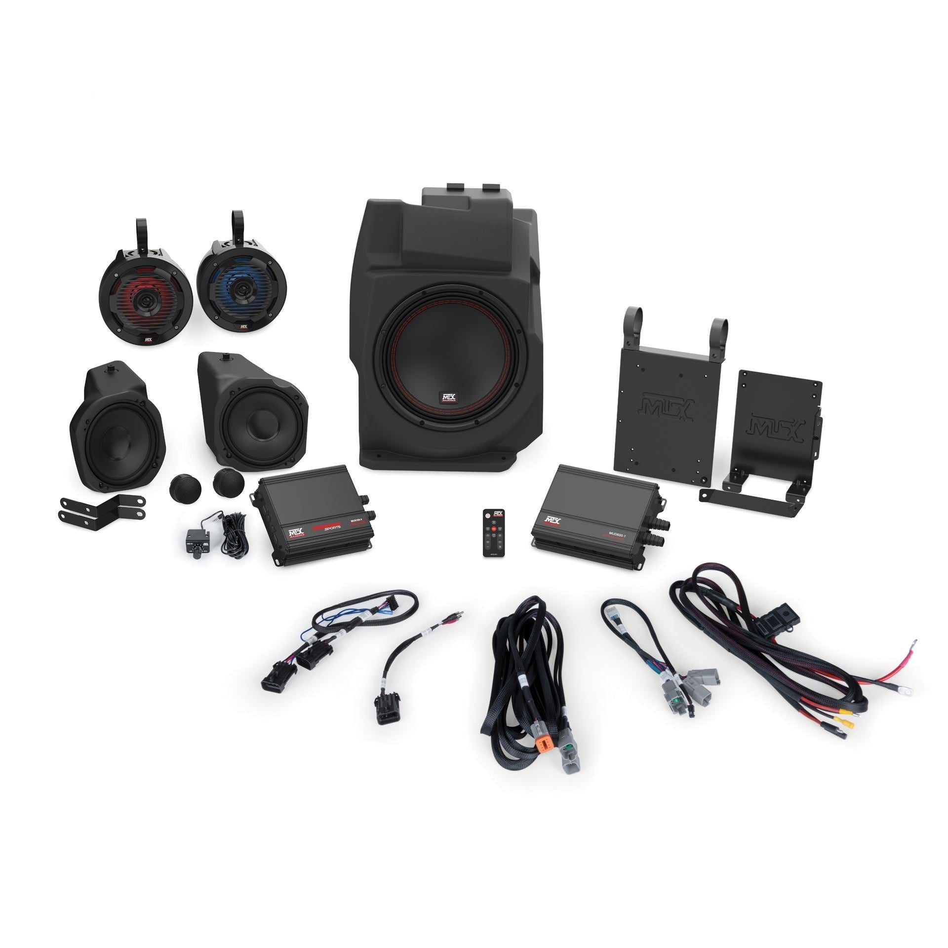 mtx five speaker stereo kit for por xp pro r turbo r entire kit laid out on white background