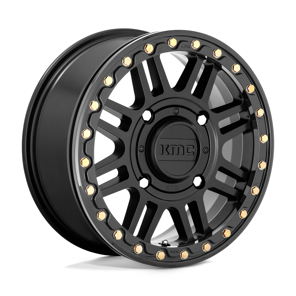 KMC KS250 Cage Beadlock UTV Wheel In Black  with center cap on white background 