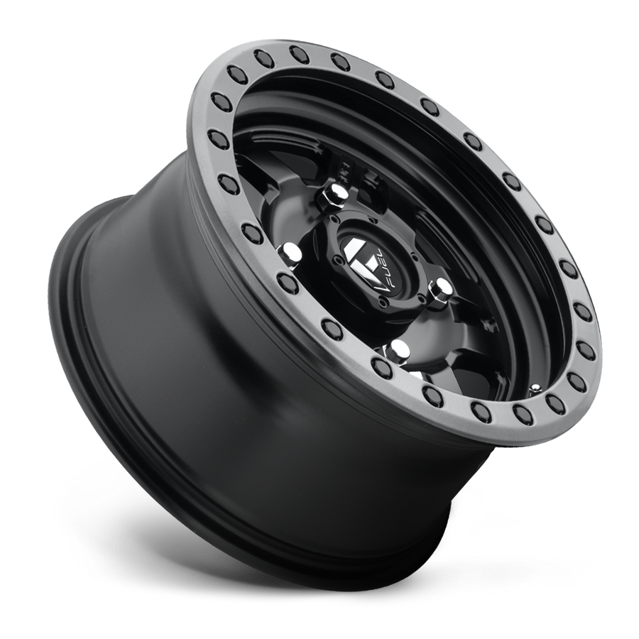 Fuel Anza D557 Non Beadlock UTV Wheel With Matte Back Center And Anthracite sitting on 45 degree angle on white background 