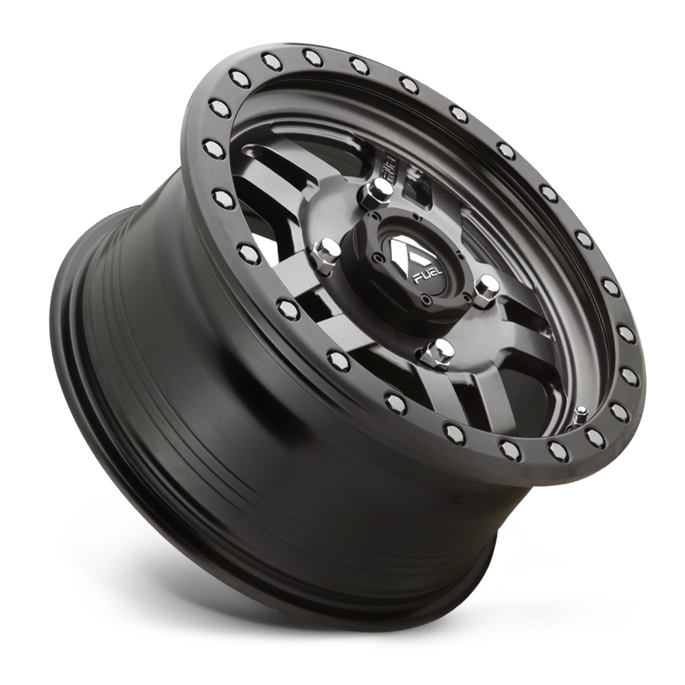 Fuel Anza D918 Beadlock UTV Wheel With Matte Anthracite Center With Black Beadlock Ring sitting on an angle on white background 