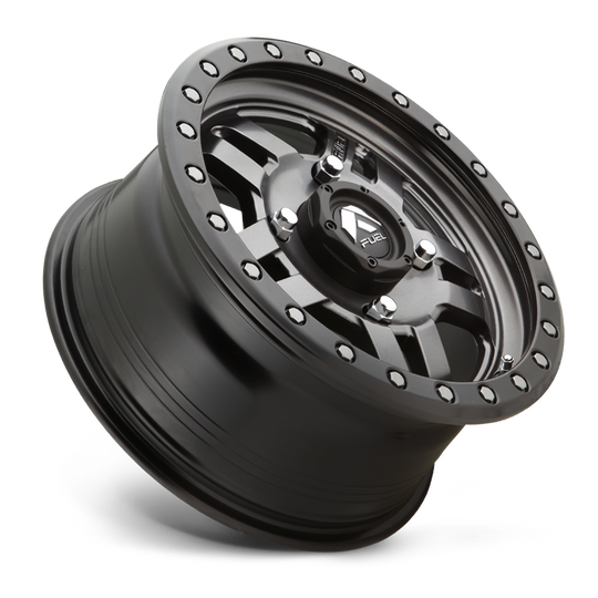 Fuel Anza D918 Beadlock UTV Wheel With Matte Anthracite Center With Black Beadlock Ring sitting on an angle on white background 