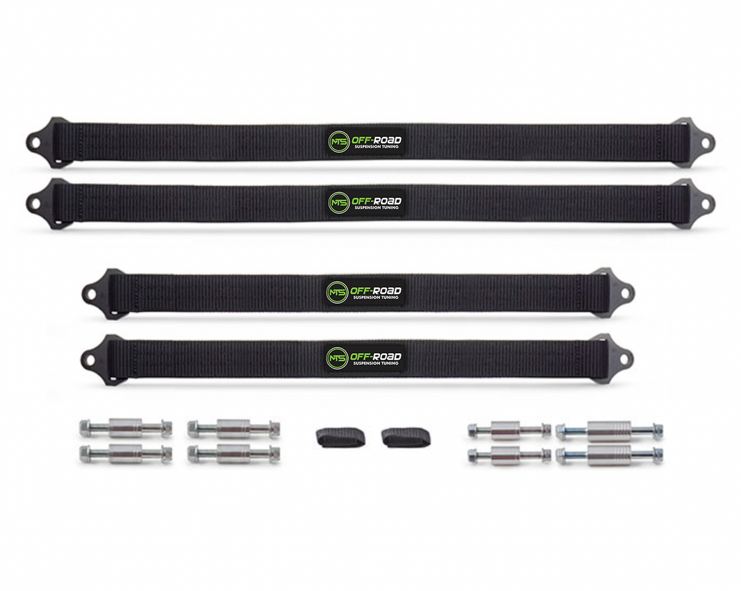 MTS LIMIT STRAP KIT WITH 4 STRAPS, EIIGHT MOUNTING BOLTS AND TWO STRAPS ON WHITE BACKGROUND 