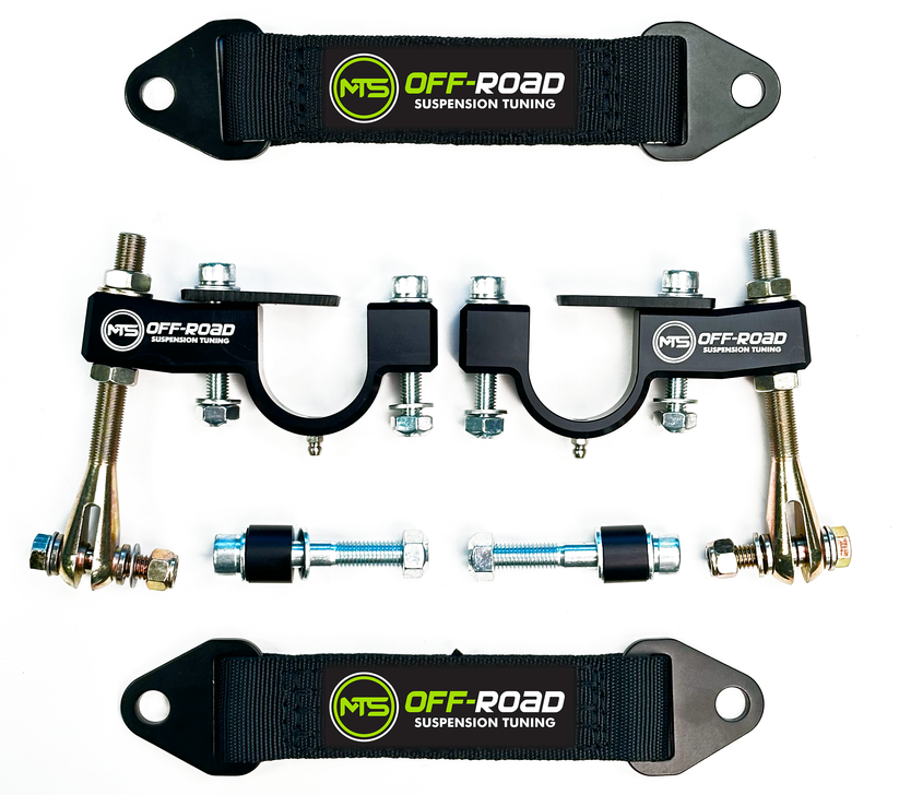 mts offroad sway bar mounted front limit strap kit for polairs pro r and turbo r layed out on white background 