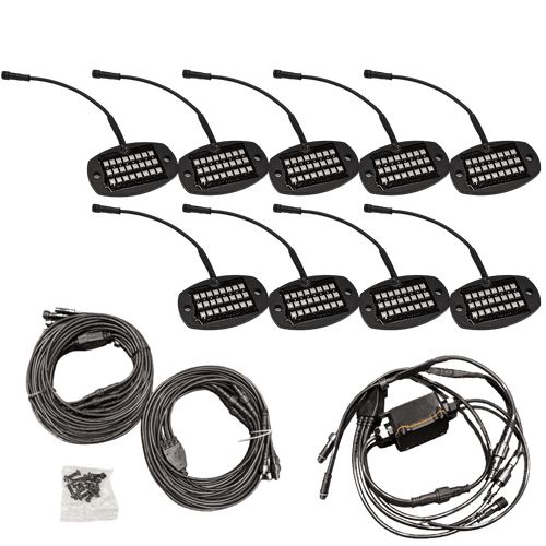 r1 industries rock light kit with 9 pods, wiring harness and cables on white background 