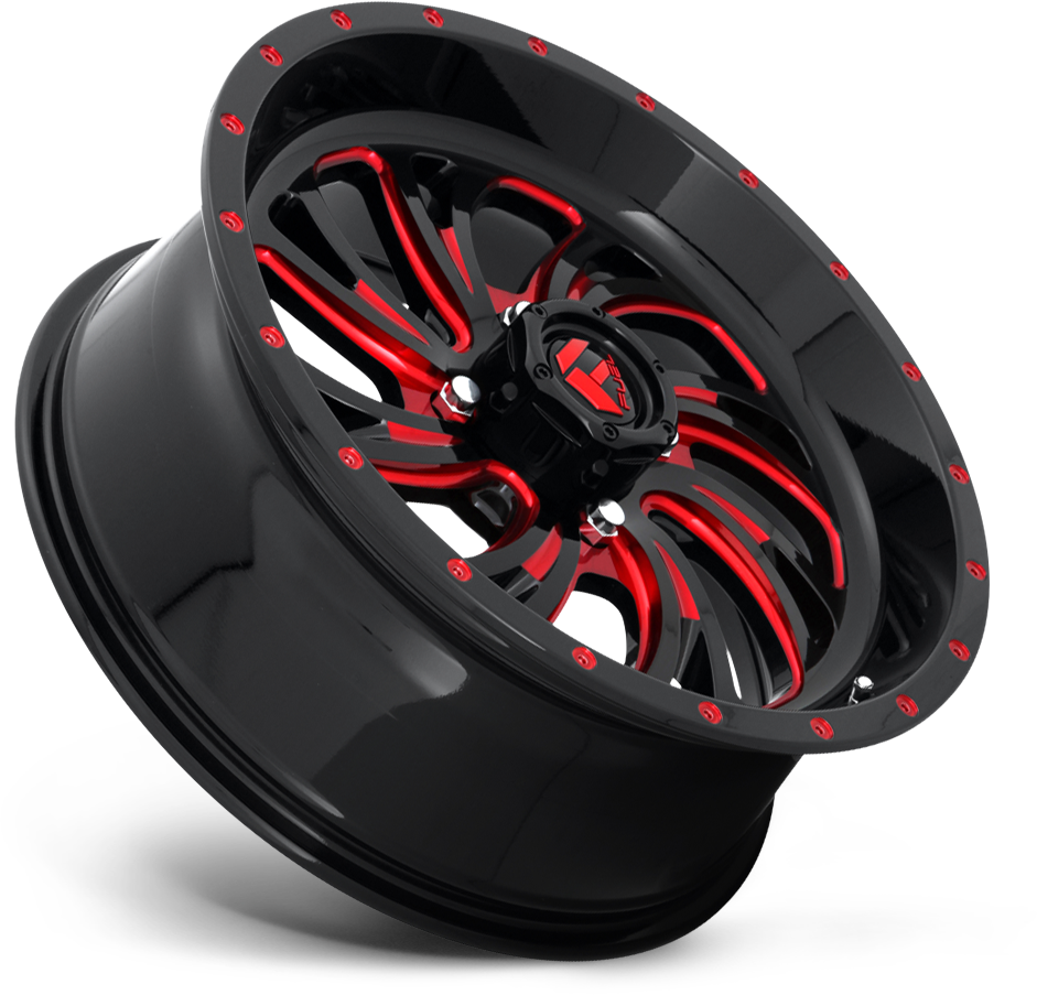 Fuel Kompressor D642 UTV Wheel That Is Gloss Black With Red Accents  sitting on 45 degree angle on white background 