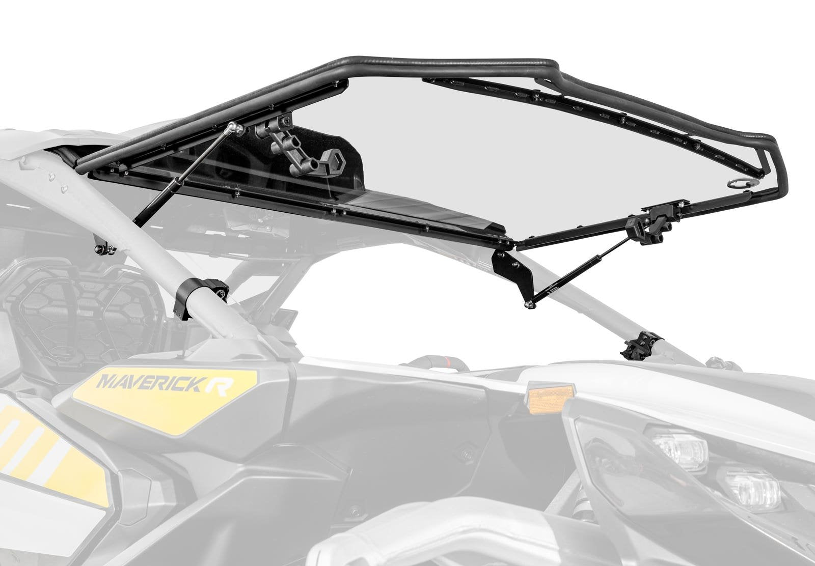 Can-Am Maverick R with a Scratch-Resistant Flip Windshield installed, shown in the fully open position. The windshield features a sturdy black frame with heavy-duty clamps and metal cross braces, ensuring a secure and vibration-free fit. The vehicle's distinctive yellow "Maverick R" branding is visible on the side panel.