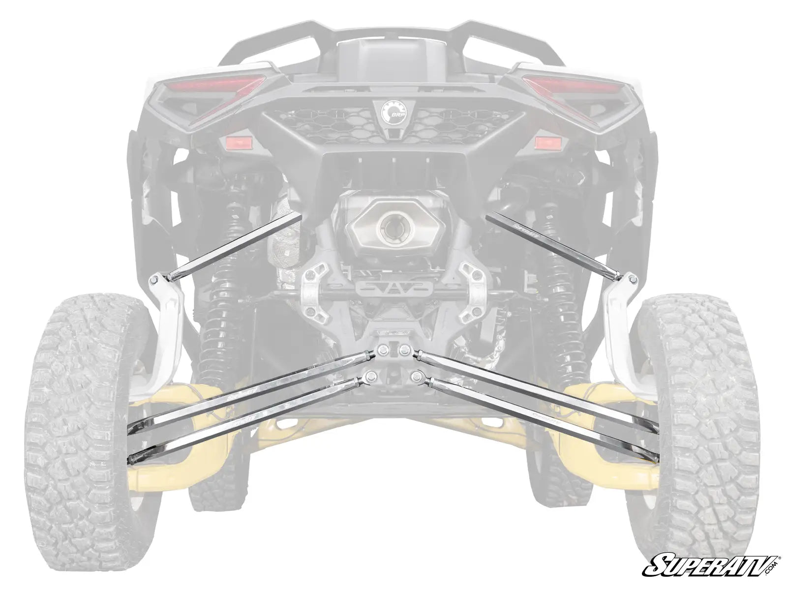 Rear view of a Can-Am Maverick R showcasing installed SuperATV Billet Aluminum Hex Radius Arms, highlighting the hexagonal design and sturdy construction, providing enhanced strength and durability.