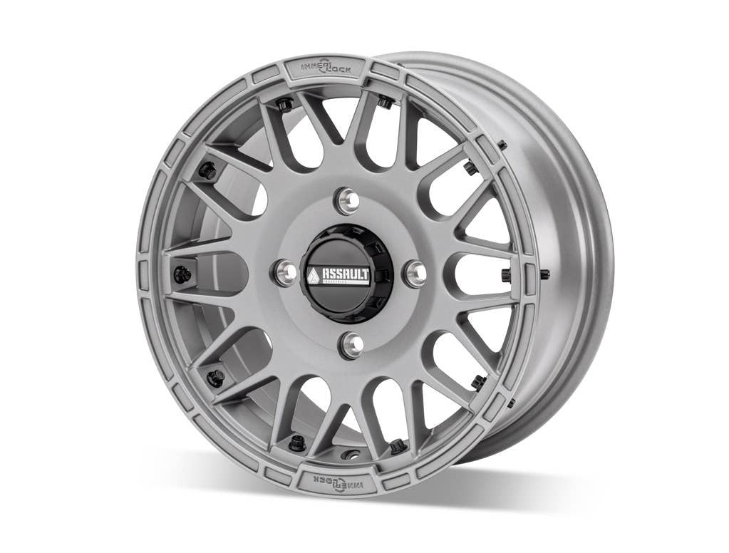 assault utv wheel in titanium 7 inch wide wheel on white background 