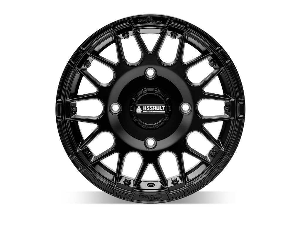 assault utv wheel in black front facing shot sitting on white background 