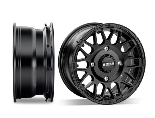 assault utv wheel 7 inch wide with a side shot and front shot next to each other on white background  