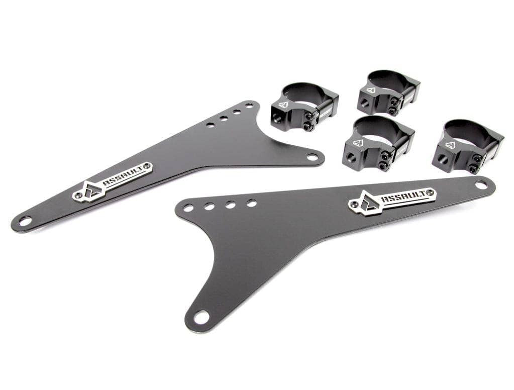 Assault Industries Universal Light Bar Bracket Kit featuring two black powder-coated steel brackets and four aluminum clamps with laser-cut logo plates.