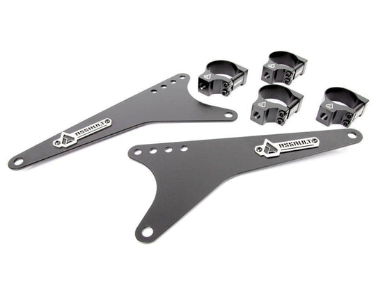 Assault Industries Universal Light Bar Bracket Kit featuring two black powder-coated steel brackets and four aluminum clamps with laser-cut logo plates.