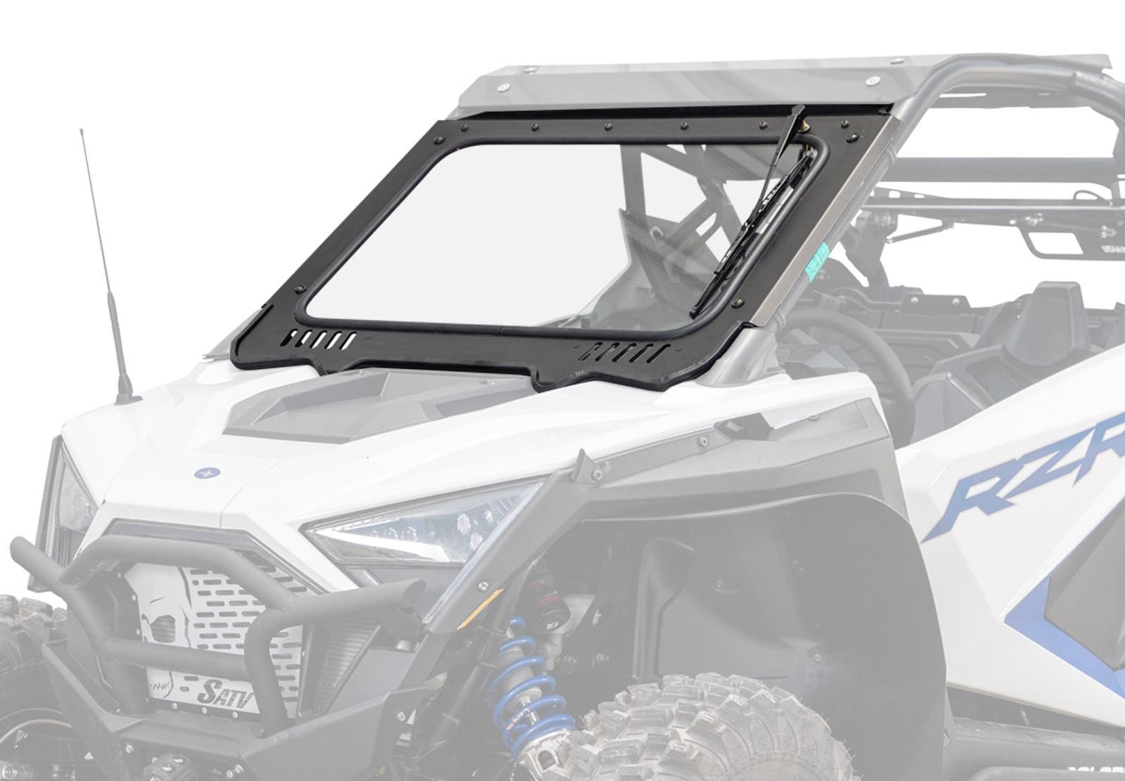 Polaris RZR PRO XP with SuperATV Glass Windshield installed, featuring a black steel frame with a manual wiper and built-in sliding vents. The windshield has a light tint to reduce glare, providing clear visibility and protection.