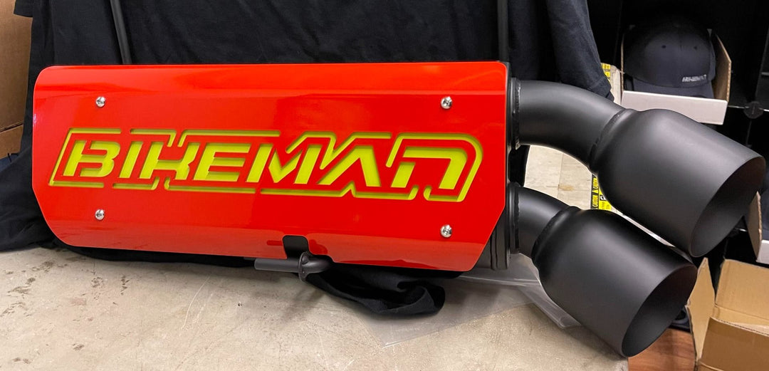 bikeman performance pro r slip on exhaust with red and lime cover plated 