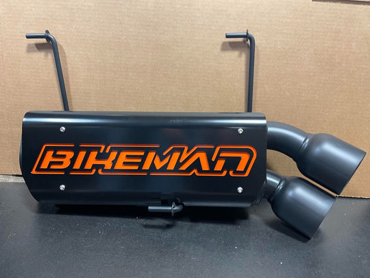 bikeman performance pro r slip on exhaust with black and orange cover plates 
