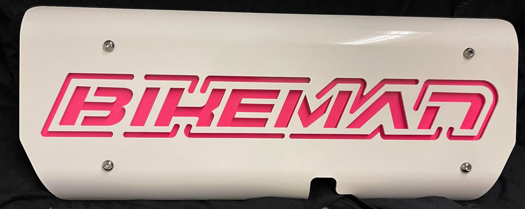 bikeman performance pro r slip on exhaust with white and pink cover plates 