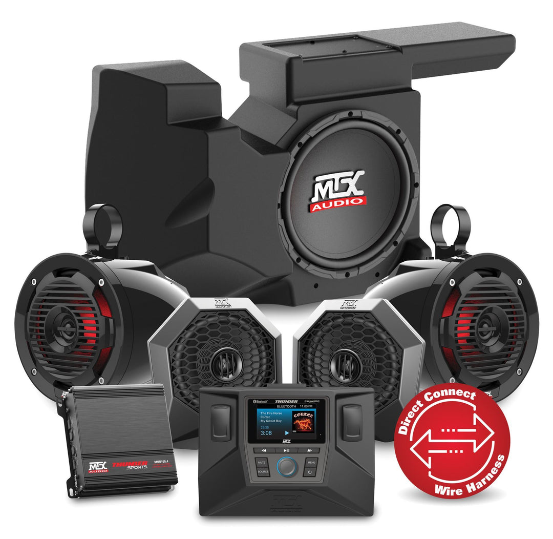 mts 4 speaker stereo kit for polaris rzr with subwoofer  complete system laid out on white background