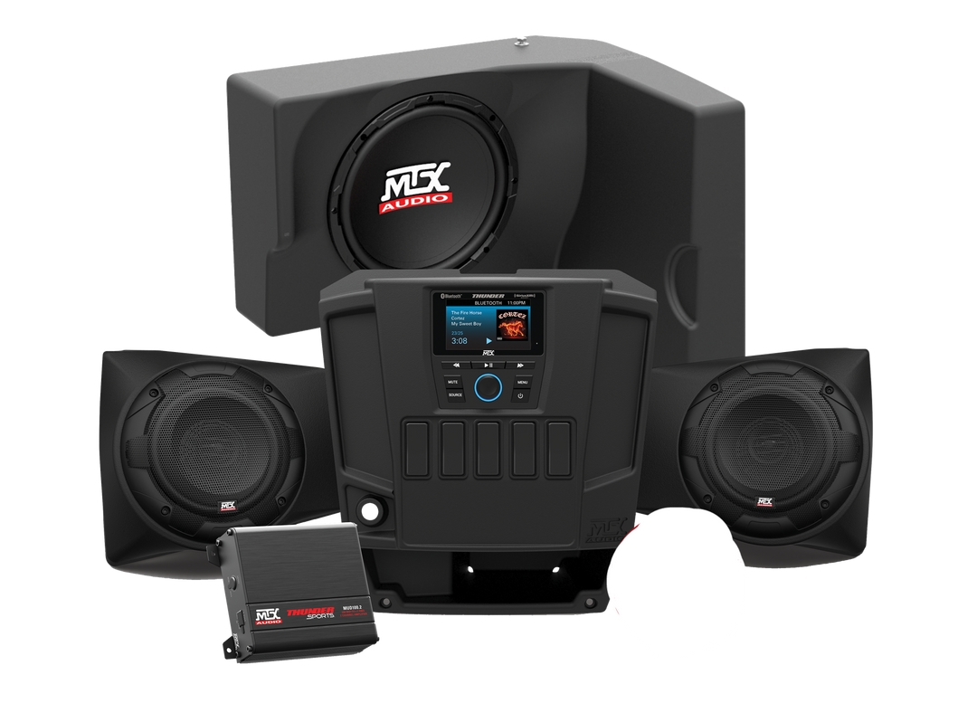 mtx two speaker system with subwoofer and two amps for polaris ranger on white background