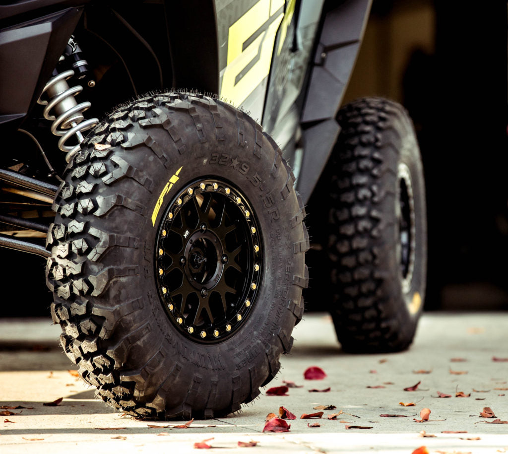 UTV Tire EFX Tire motovator mounted on black wheels and installed on polaris rzr utv 