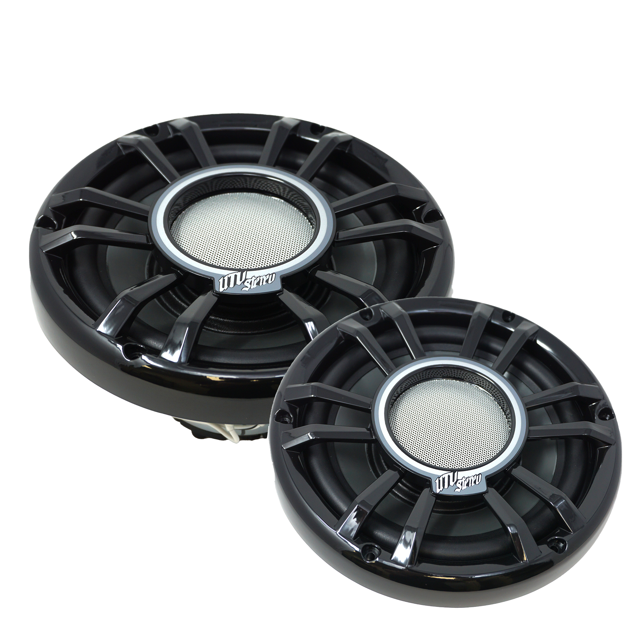 UTV stereo 8 inch horn speakers pair laying on white background