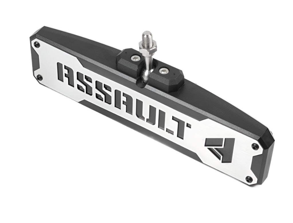Black and silver Assault Industries Bomber Convex Center Mirror with bold 'ASSAULT' branding on the faceplate, designed for high-performance vehicles.
