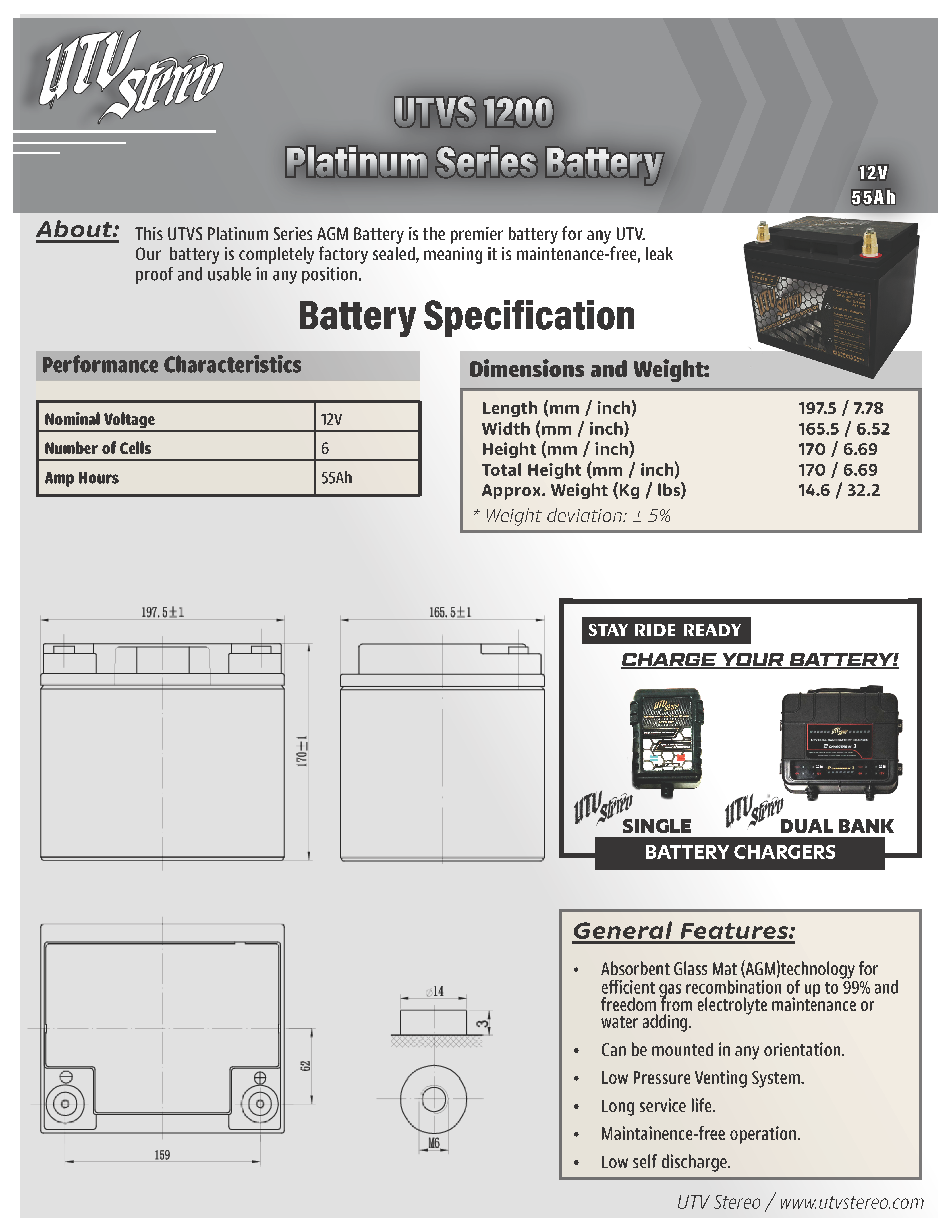 UTV Stereo Platinum Series AGM 1200 Battery