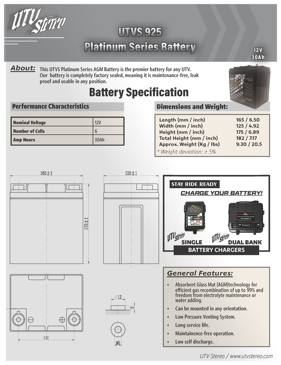 UTV Stereo Platinum Series AGM 925 Battery