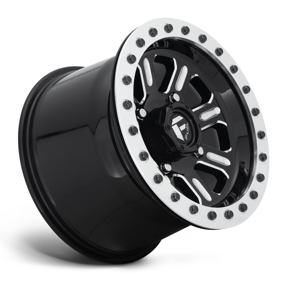 Fuel Hardline Beadlock UTV Wheel In Black & Machined Finish  sitting at 45 degree angle on white background 