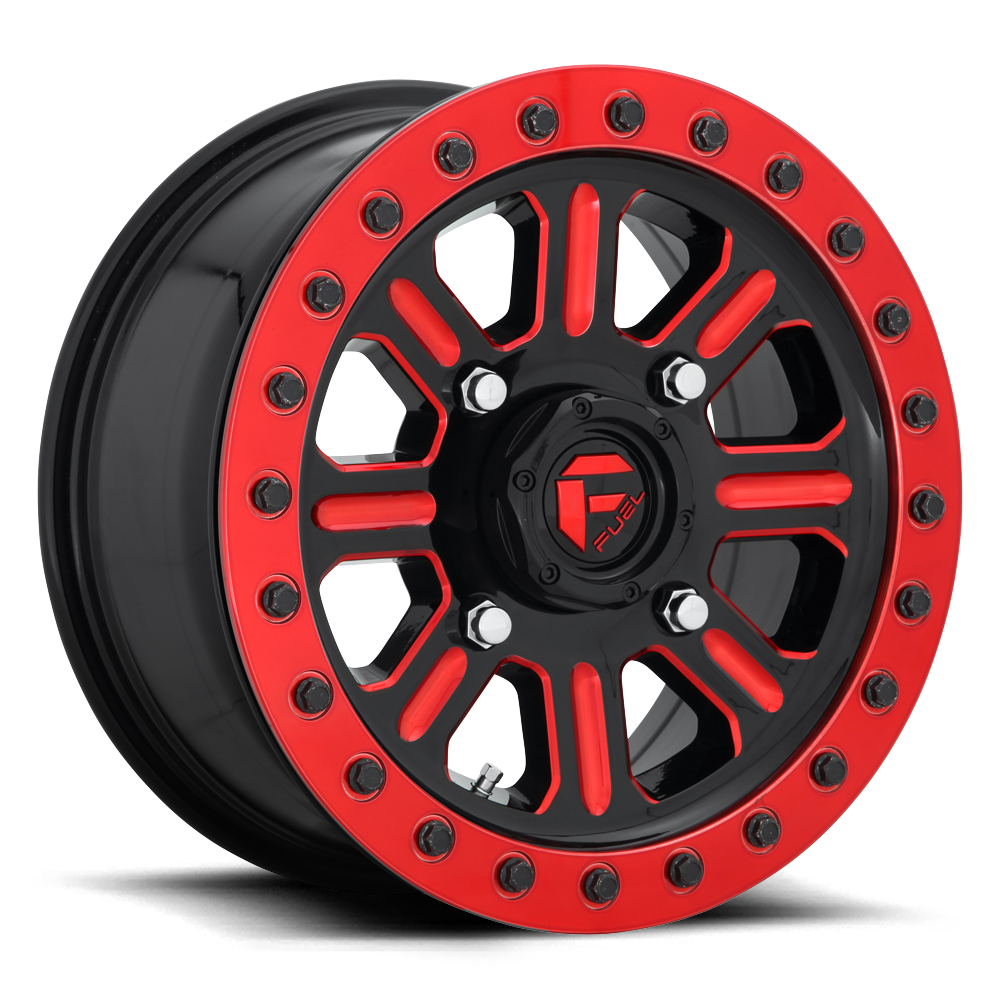 Fuel Hardline Beadlock UTV Wheel In Gloss Black W/ Candy Red Finish on white background 