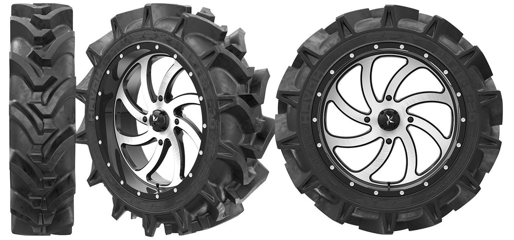 utv tire efx tire motohavok mounted on wheel in three positions on white background 