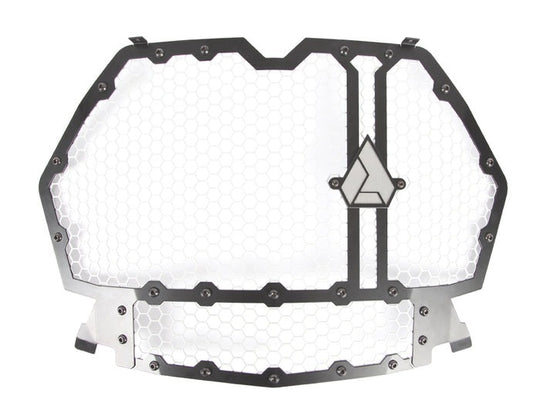 A modern, hexagonal-patterned front grill for a Polaris RZR, featuring a prominent cut-out logo in the center. The grill is framed by a sturdy, black border with bolted accents, highlighting the contrast against the white honeycomb mesh. This grill is designed to provide a stylish and aerodynamic face for the vehicle, while ensuring optimal airflow to the engine.