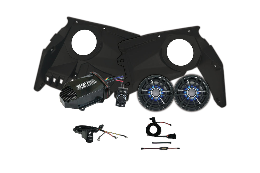 utv stereo level 1 utv radio kit for canam x3 with pods, amp, swtich and speakers on white background 