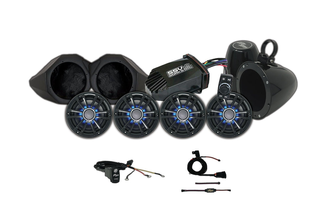 utv stereo level 2 kit for canam x3 with pods, speakers, swtich and amp on white background 