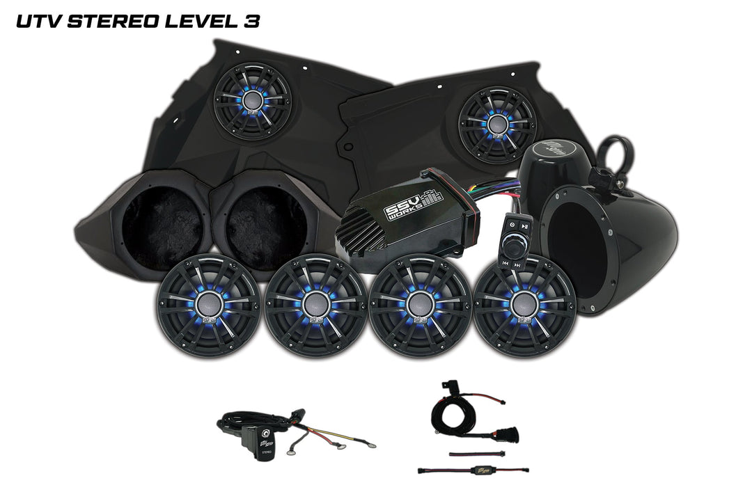 utv stereo level 3 kit for canam x3 with speakers, pods, amp, switch and harness on white background 