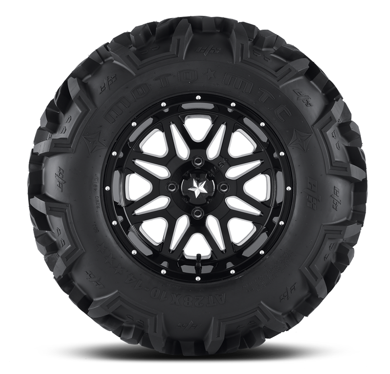 utv tire efx tire motoMTC mounted on black wheel on white background 