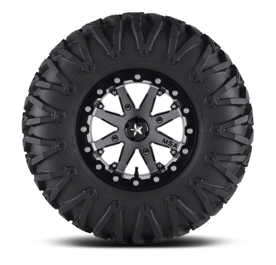 utv tire efx tire motoclaw mounted on wheel on white background 