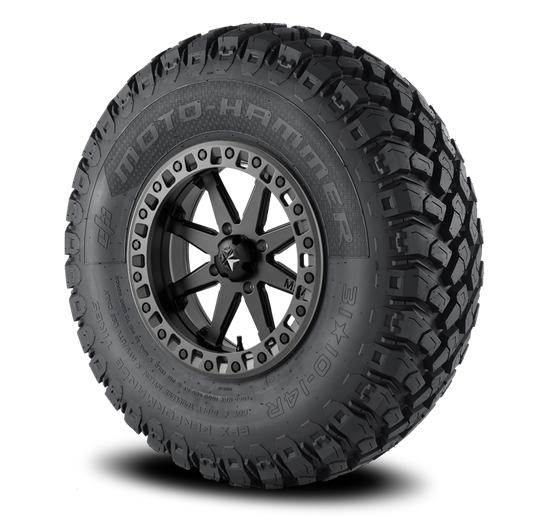 utv tire efx tire motohammer mounted on a wheel on white background 
