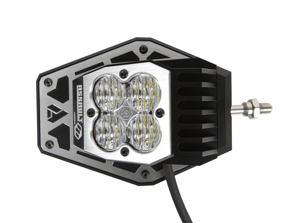 Assault Industries Baja Designs LED light integrated into a side mirror with a hexagonal design and cooling fins.