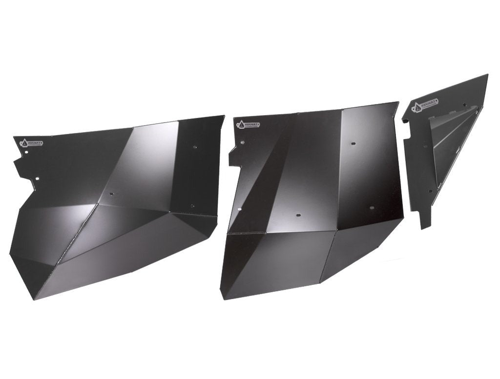 Assault Industries RZR XP Tank Doors in black with angular design, showing front and rear panels with logo branding.