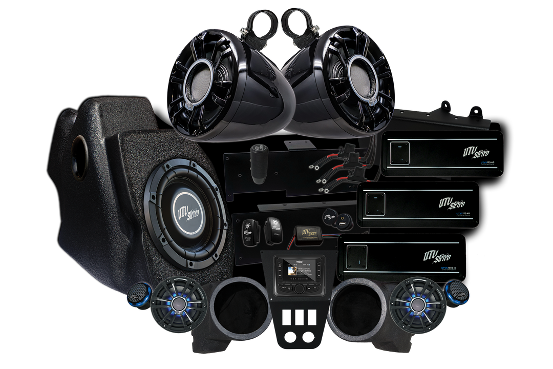 utv stereo signature sries stage 8 stereo kit for polaris PRO xp laid our on white background